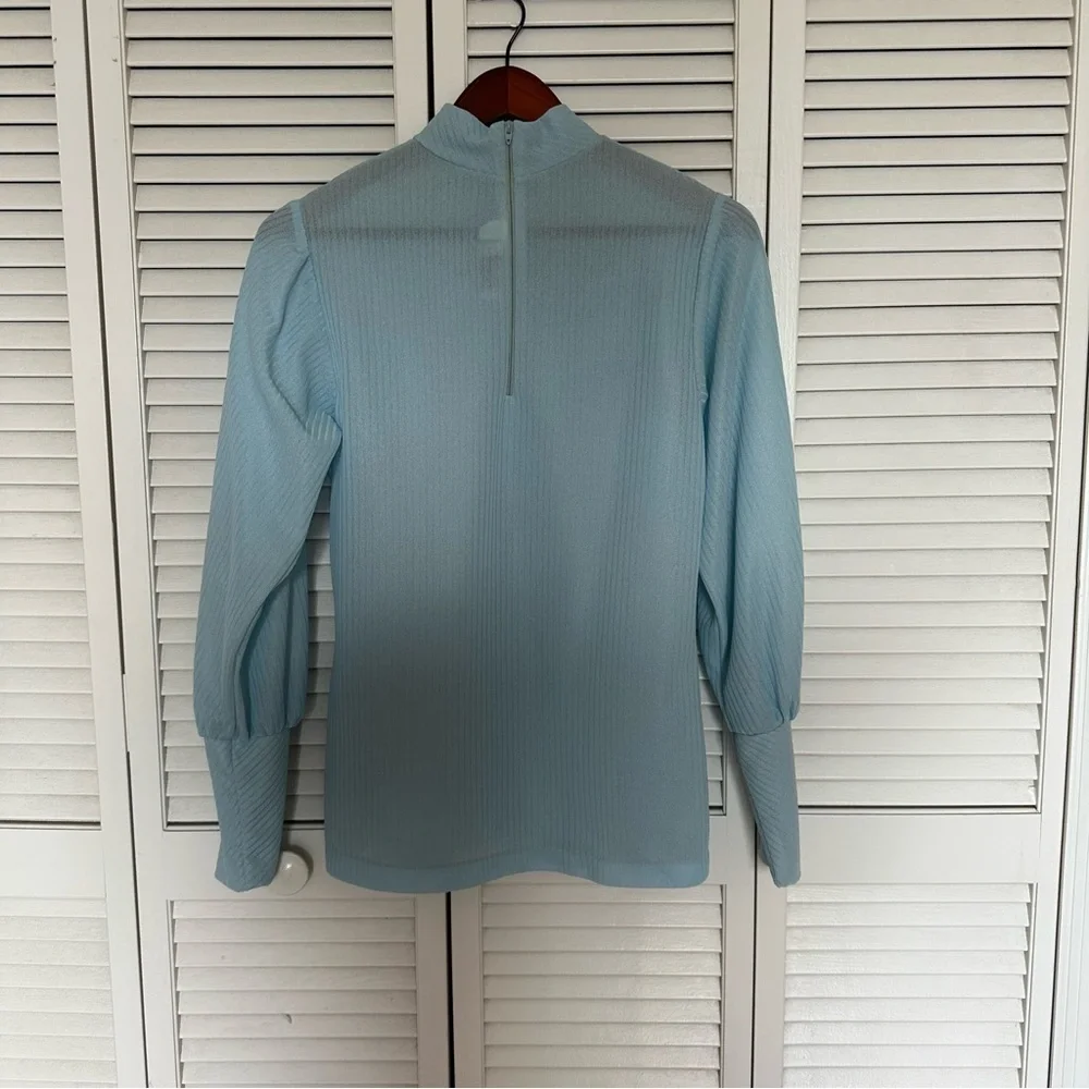 Vintage Blue Ribbed Mock Neck Puff Sleeve Top 70s 80s Retro Medium - Picture 4 of 11